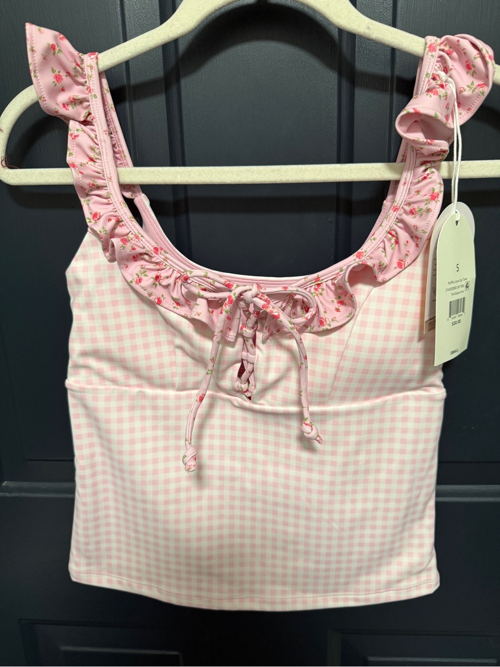 Blogilates Pink Gingham Ruffle Tank Top with Floral Trim